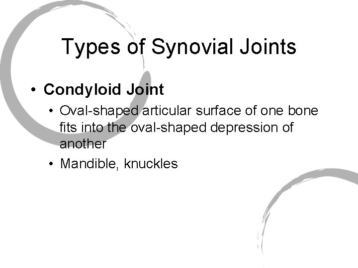 Types of Synovial Joints • Condyloid Joint • Oval-shaped articular surface of one bone