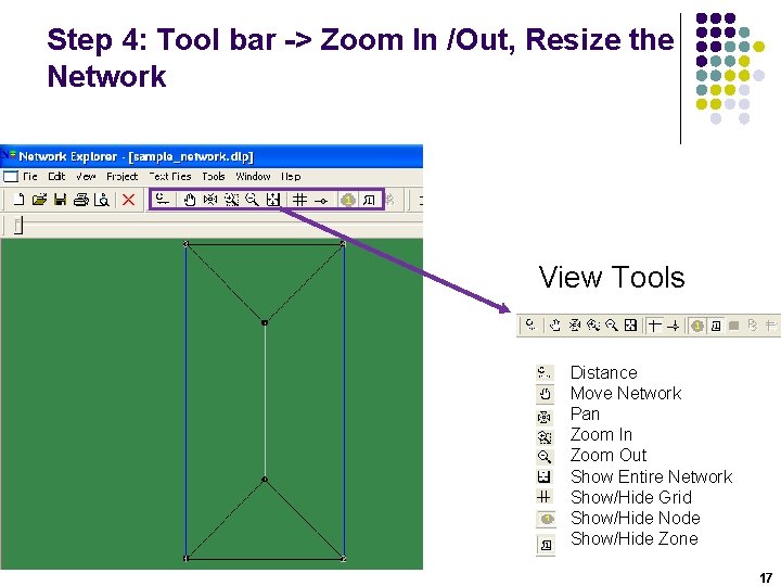 Step 4: Tool bar -> Zoom In /Out, Resize the Network View Tools Distance