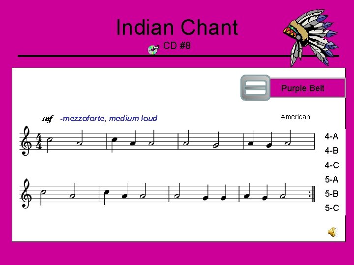 Indian Chant CD #8 Purple Belt mf --mezzoforte, medium loud American 4 -A 4