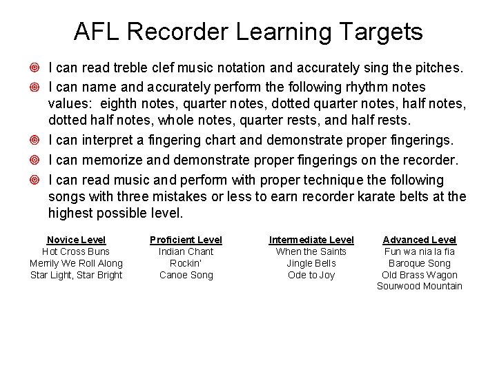 AFL Recorder Learning Targets I can read treble clef music notation and accurately sing