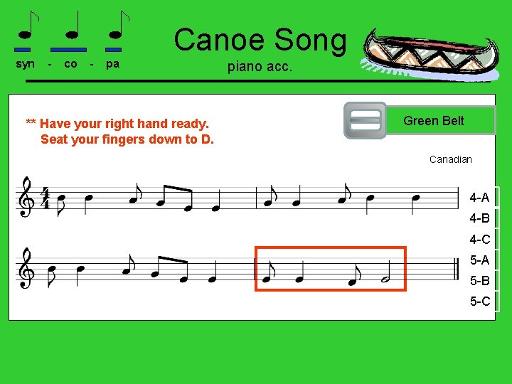 Canoe Song syn - co - pa ** Have your right hand ready. Seat