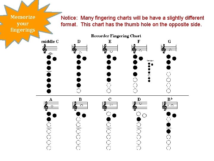 Memorize your fingerings Notice: Many fingering charts will be have a slightly different format.