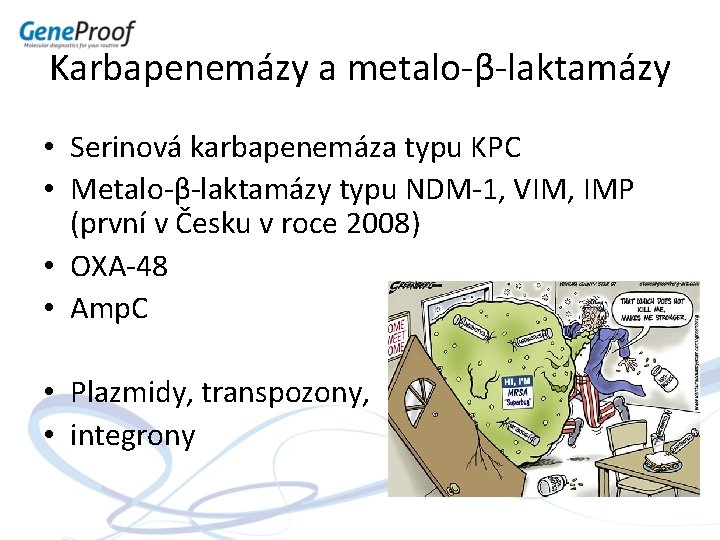 Karbapenemázy a metalo-β-laktamázy • Serinová karbapenemáza typu KPC • Metalo-β-laktamázy typu NDM-1, VIM, IMP