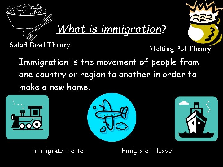 What is immigration? Salad Bowl Theory Melting Pot Theory Immigration is the movement of