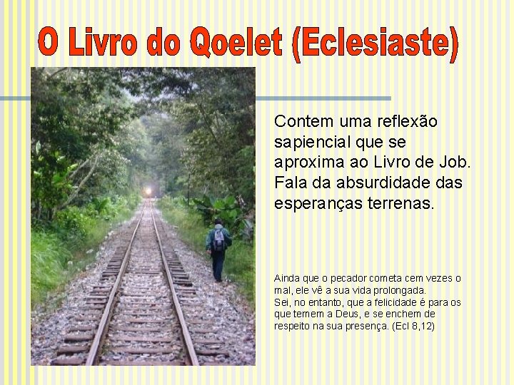 Contem uma reflexão sapiencial que se aproxima ao Livro de Job. Fala da absurdidade