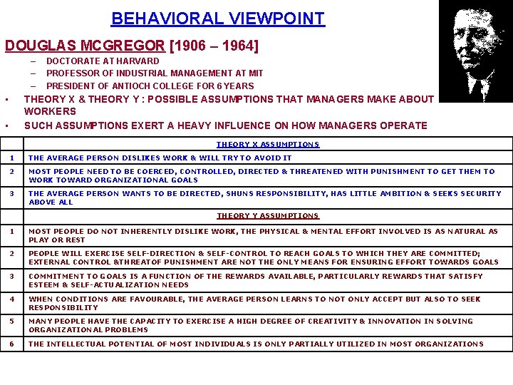 BEHAVIORAL VIEWPOINT DOUGLAS MCGREGOR [1906 – 1964] – – – • DOCTORATE AT HARVARD