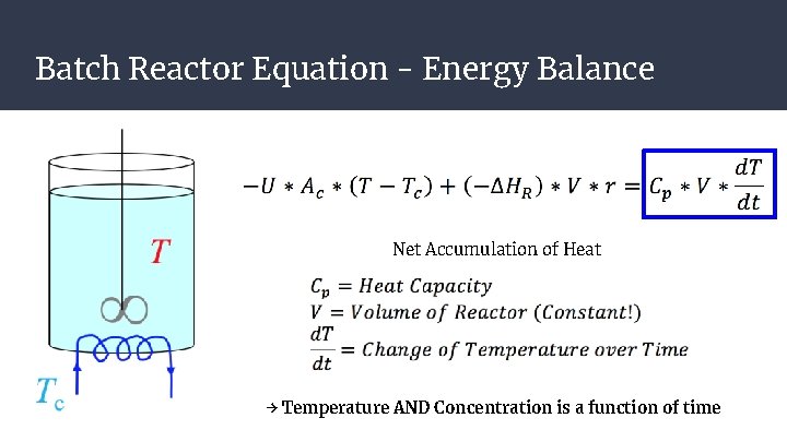 Batch Reactor Equation - Energy Balance Net Accumulation of Heat → Temperature AND Concentration Batch Reactor Equation - Energy Balance Net Accumulation of Heat → Temperature AND Concentration