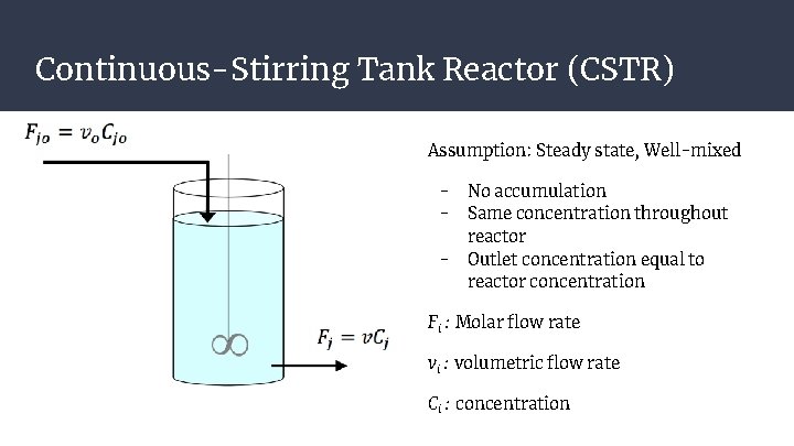 Continuous-Stirring Tank Reactor (CSTR) Assumption: Steady state, Well-mixed - No accumulation Same concentration throughout Continuous-Stirring Tank Reactor (CSTR) Assumption: Steady state, Well-mixed - No accumulation Same concentration throughout