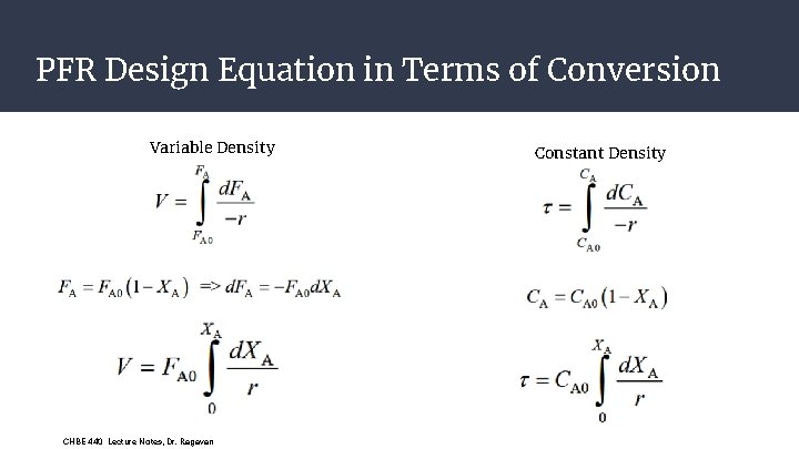 PFR Design Equation in Terms of Conversion Variable Density CHBE 440 Lecture Notes, Dr. PFR Design Equation in Terms of Conversion Variable Density CHBE 440 Lecture Notes, Dr.