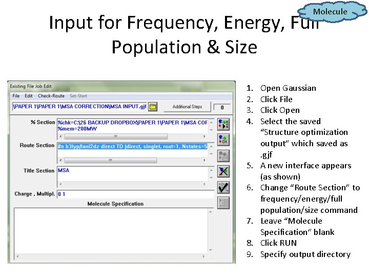 Molecule Input for Frequency, Energy, Full Population & Size 1. 2. 3. 4. 5.