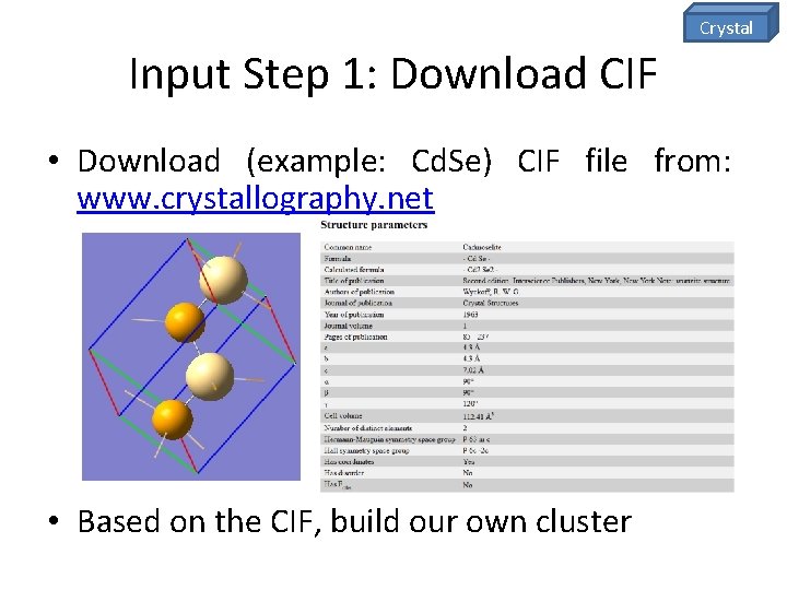 Crystal Input Step 1: Download CIF • Download (example: Cd. Se) CIF file from: