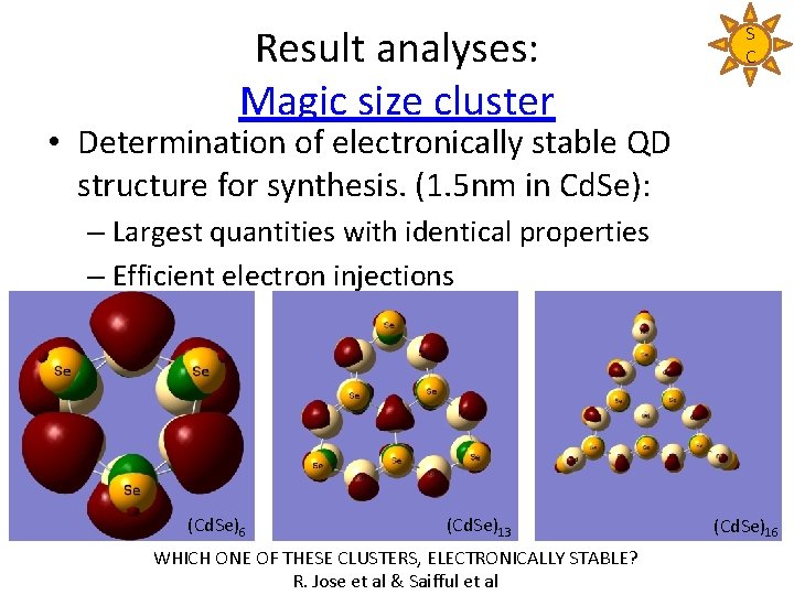 Result analyses: Magic size cluster S C • Determination of electronically stable QD structure