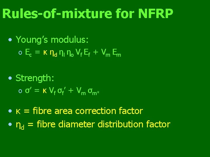 Rules-of-mixture for NFRP • Young’s modulus: o Ec = κ ηd ηl ηo Vf