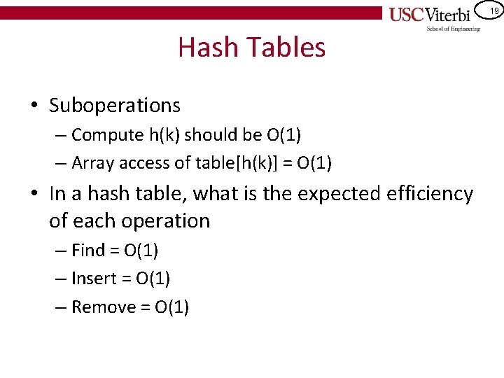 19 Hash Tables • Suboperations – Compute h(k) should be O(1) – Array access