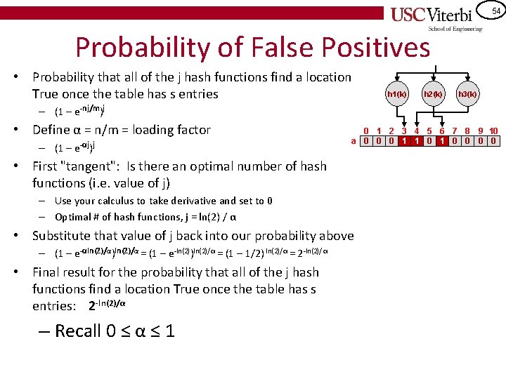 54 Probability of False Positives • Probability that all of the j hash functions