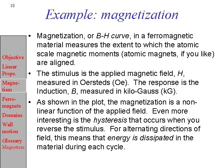 10 Objective Linear Props. Magnetism Ferromagnets Domains Wall motion Glossary Magnetism Example: magnetization •