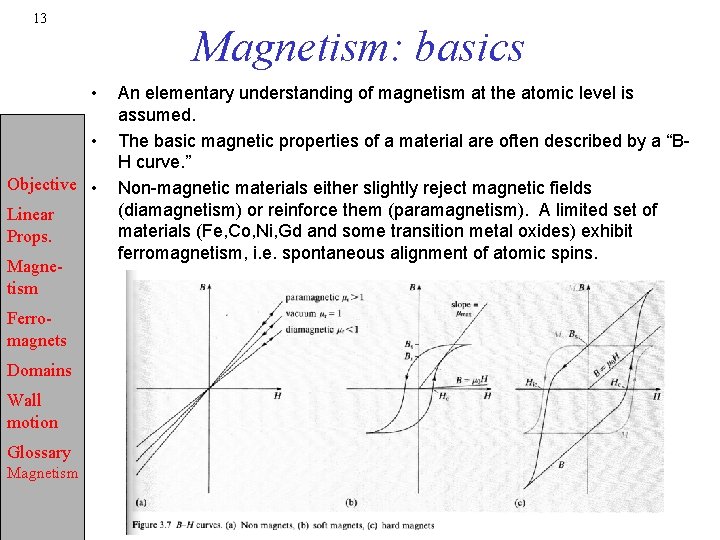 13 Magnetism: basics • • Objective • Linear Props. Magnetism Ferromagnets Domains Wall motion