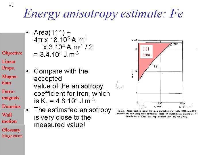 40 Objective Linear Props. Magnetism Ferromagnets Domains Wall motion Glossary Magnetism Energy anisotropy estimate: