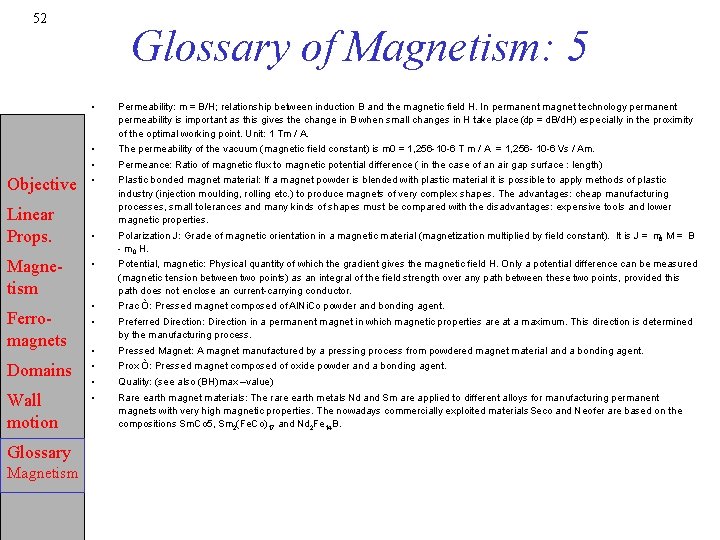 52 Objective Linear Props. Magnetism Ferromagnets Domains Wall motion Glossary Magnetism Glossary of Magnetism: