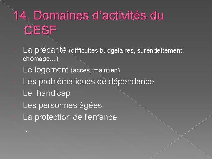 14. Domaines d’activités du CESF La précarité (difficultés budgétaires, surendettement, chômage…) Le logement (accès,