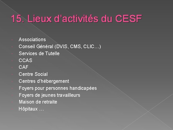 15. Lieux d’activités du CESF Associations Conseil Général (DVIS, CMS, CLIC…) Services de Tutelle