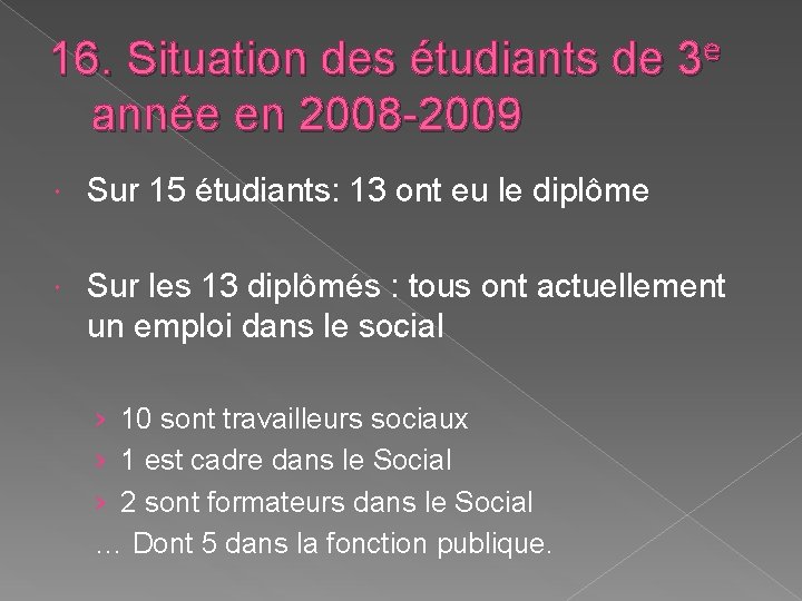 16. Situation des étudiants de 3 e année en 2008 -2009 Sur 15 étudiants: