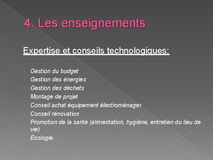 4. Les enseignements Expertise et conseils technologiques: › › › › Gestion du budget