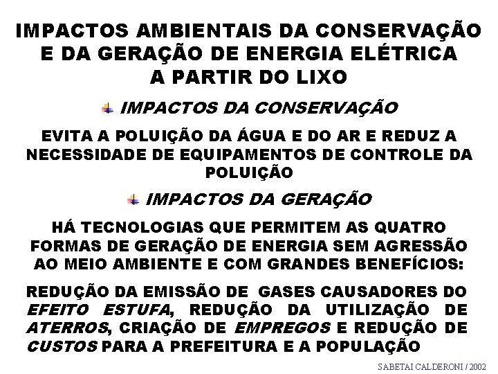 IMPACTOS AMBIENTAIS DA CONSERVAÇÃO E DA GERAÇÃO DE ENERGIA ELÉTRICA A PARTIR DO LIXO