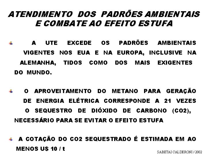 ATENDIMENTO DOS PADRÕES AMBIENTAIS E COMBATE AO EFEITO ESTUFA A UTE EXCEDE OS PADRÕES