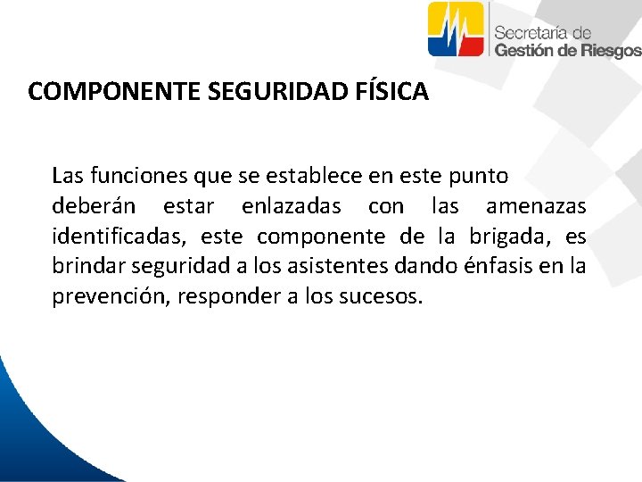 COMPONENTE SEGURIDAD FÍSICA Las funciones que se establece en este punto deberán estar enlazadas