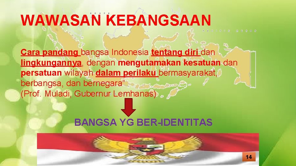WAWASAN KEBANGSAAN Cara pandang bangsa Indonesia tentang diri dan lingkungannya, dengan mengutamakan kesatuan dan