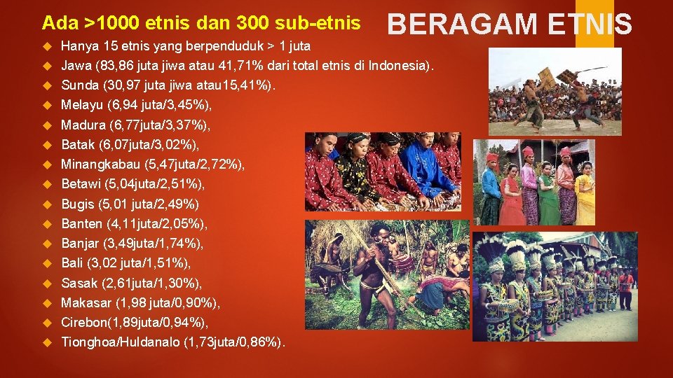 Ada >1000 etnis dan 300 sub-etnis BERAGAM ETNIS Hanya 15 etnis yang berpenduduk >