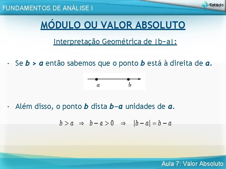 . FUNDAMENTOS DE ANÁLISE I MÓDULO OU VALOR ABSOLUTO Interpretação Geométrica de |b−a|: -