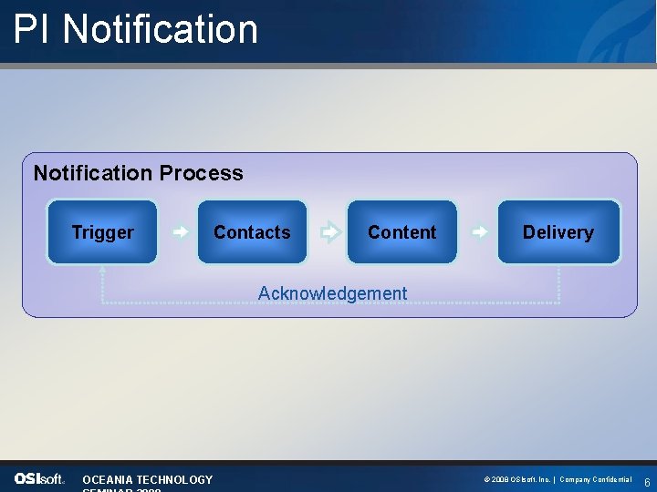 PI Notification Process Trigger Contacts Content Delivery Acknowledgement OCEANIA TECHNOLOGY © 2008 OSIsoft, Inc.