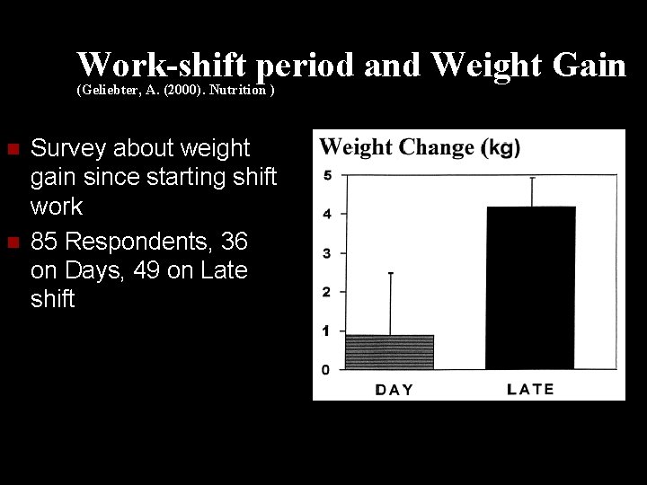 Work-shift period and Weight Gain (Geliebter, A. (2000). Nutrition ) n n Survey about