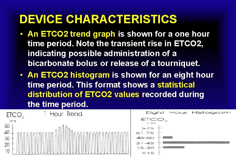 DEVICE CHARACTERISTICS • An ETCO 2 trend graph is shown for a one hour