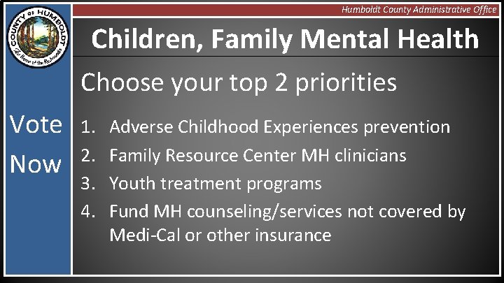 Humboldt County Administrative Office Children, Family Mental Health Choose your top 2 priorities Vote