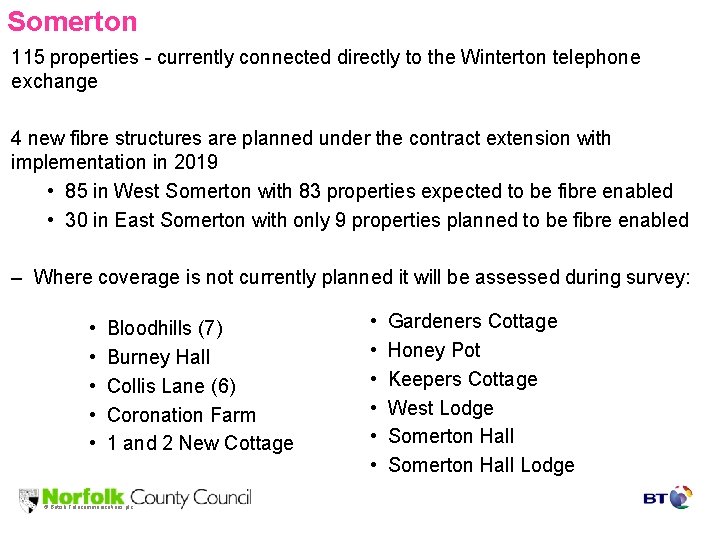 Somerton 115 properties - currently connected directly to the Winterton telephone exchange 4 new