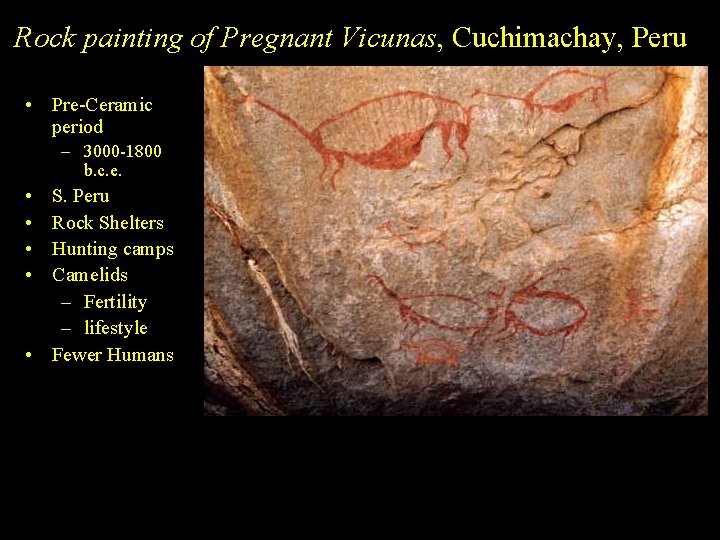 Rock painting of Pregnant Vicunas, Cuchimachay, Peru • Pre-Ceramic period – 3000 -1800 b.