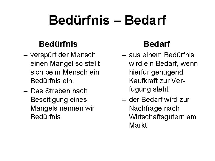 Bedürfnis – Bedarf Bedürfnis – verspürt der Mensch einen Mangel so stellt sich beim