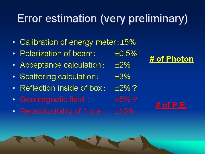 Error estimation (very preliminary) • • Calibration of energy meter：± 5% Polarization of beam：
