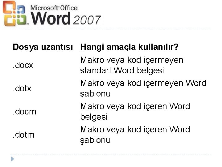 Dosya uzantısı Hangi amaçla kullanılır? . docx. dotx. docm. dotm Makro veya kod içermeyen Dosya uzantısı Hangi amaçla kullanılır? . docx. dotx. docm. dotm Makro veya kod içermeyen