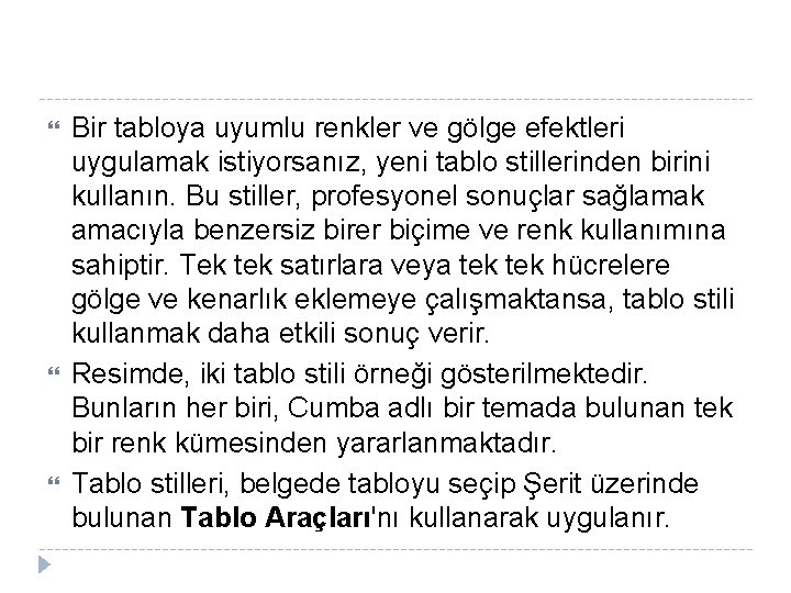 Bir tabloya uyumlu renkler ve gölge efektleri uygulamak istiyorsanız, yeni tablo stillerinden birini Bir tabloya uyumlu renkler ve gölge efektleri uygulamak istiyorsanız, yeni tablo stillerinden birini