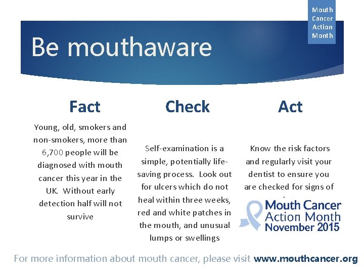 Mouth Cancer Action Month Be mouthaware Fact Check Young, old, smokers and non-smokers, more