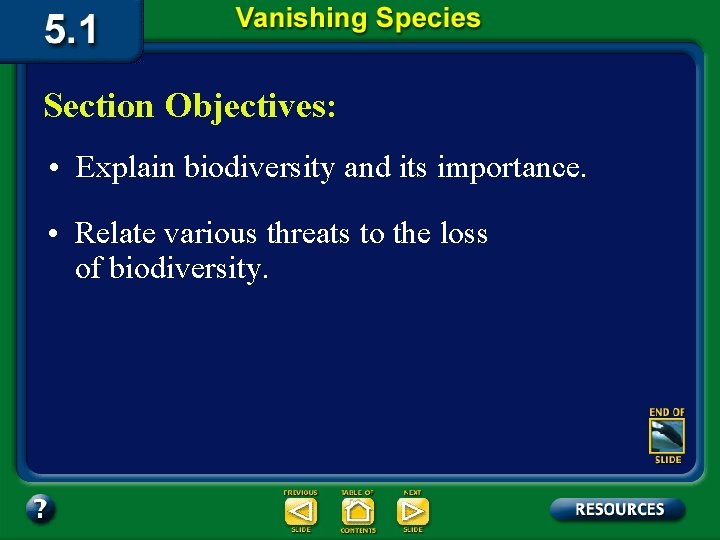 Section Objectives: • Explain biodiversity and its importance. • Relate various threats to the