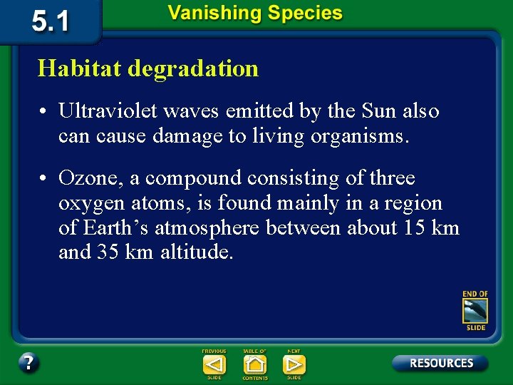 Habitat degradation • Ultraviolet waves emitted by the Sun also can cause damage to