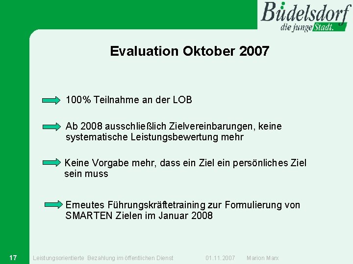Evaluation Oktober 2007 100% Teilnahme an der LOB Ab 2008 ausschließlich Zielvereinbarungen, keine systematische