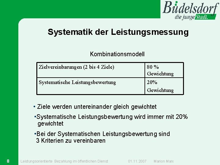 Systematik der Leistungsmessung Kombinationsmodell Zielvereinbarungen (2 bis 4 Ziele) 80 % Gewichtung Systematische Leistungsbewertung