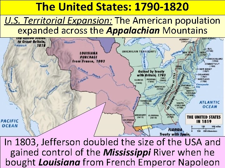 The United States: 1790 -1820 U. S. Territorial Expansion: The American population expanded across
