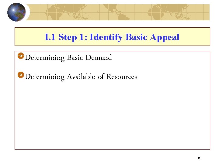 I. 1 Step 1: Identify Basic Appeal Determining Basic Demand Determining Available of Resources